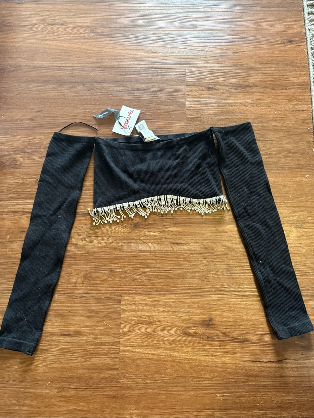 Zara Black Off-Shoulder Crop Top with Gold Fringe